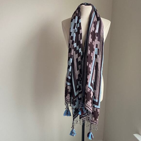 Michael Stars Accessories - MICHAEL STARS Aztec Geometric Patterned Scarf with Tassels Blue Brown